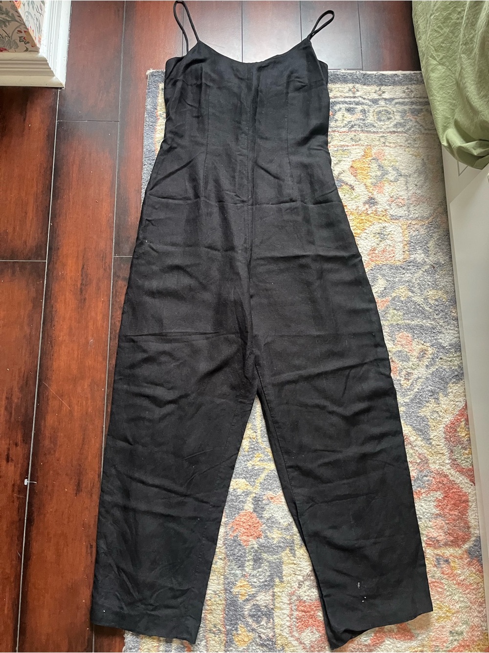 Black Linen-Blend Spaghetti Strap Jumpsuit | Wide Leg |